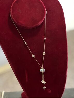 Delicate Vintage Iridescent Crystal Drop Necklace with Tassel - Silver Tone